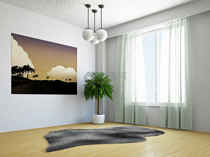 有棕榈的客厅地面房子植物地毯住宅木地板木板奢华艺术绘画图片
