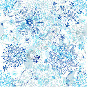 蓝色雪花花边圣诞白蓝色无缝模式插画