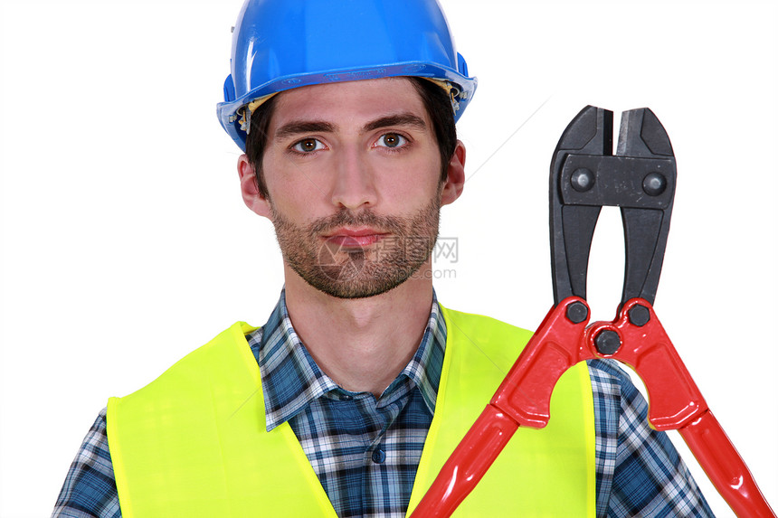 建筑工人肖像建造头盔男人工业黄色马甲警告施工建筑钳子图片