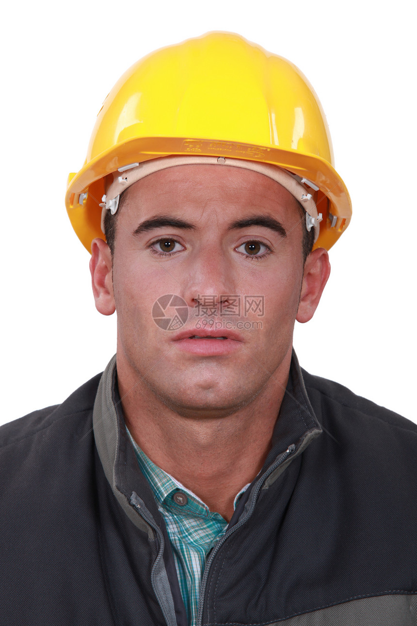 以模糊的表情构建器困惑男性男人修理工安全帽工人震惊木匠工作水平图片