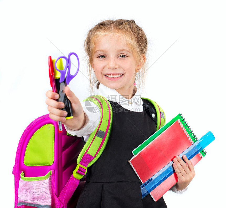 带着文具的可爱小女孩孩子小学生艺术学习女孩家庭作业铅笔购物补给品微笑图片