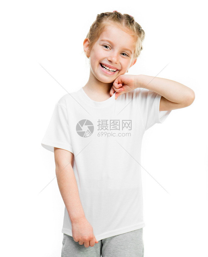 穿白色T恤衫的小女孩纺织品青少年广告微笑童年女性孩子衬衫店铺幸福图片
