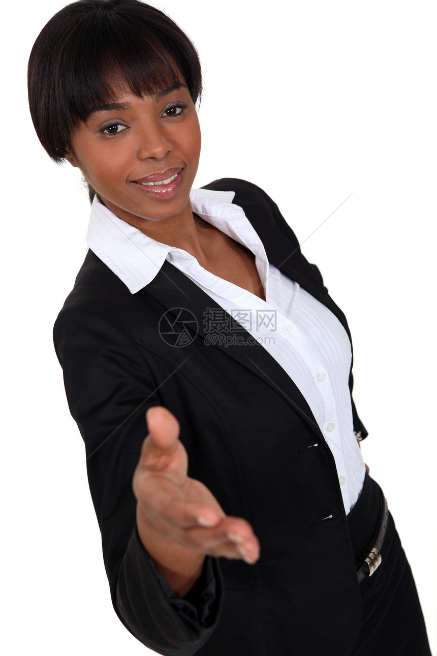 女商务人士伸出她的手握手刘海职业面试官头发就业手势商务套装边缘女士图片