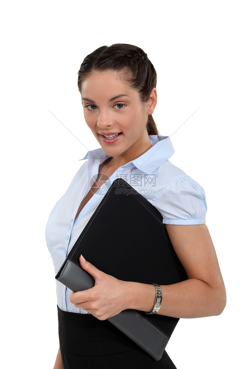 拥有文件夹的女商务人士商业头发学习手臂组合工作功能成人投资手表图片