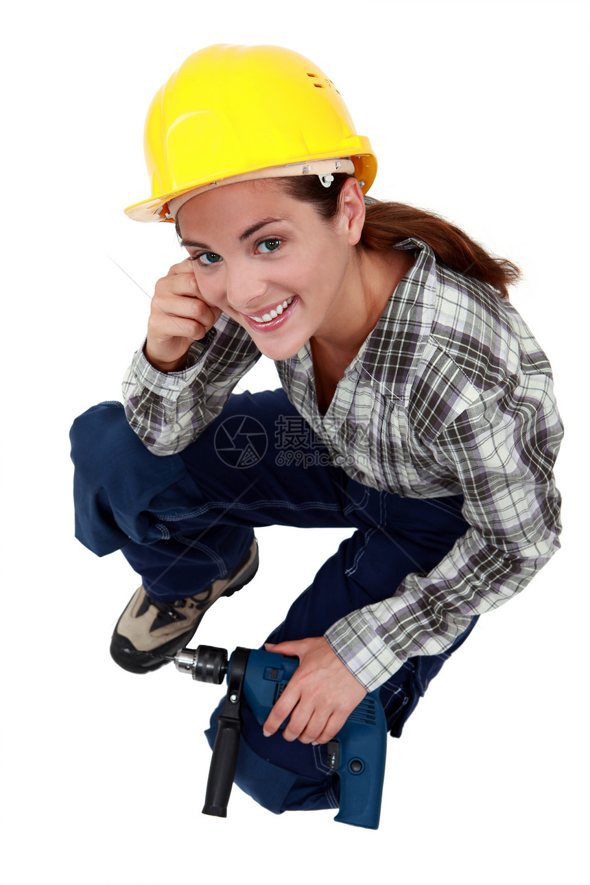 一名女性建筑工人 有钻孔术图片