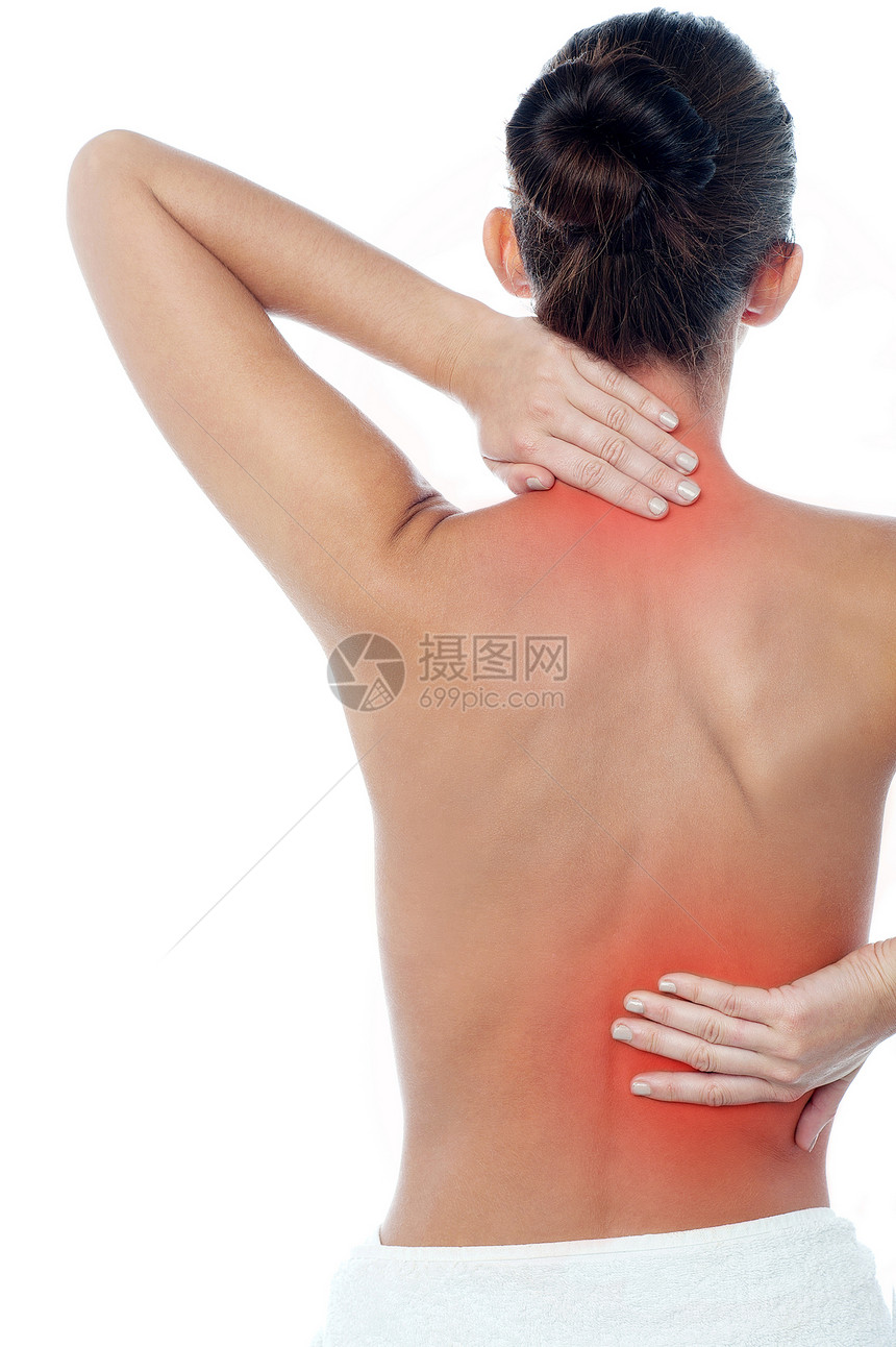 女性有身体疼痛脖子发红痛苦状况医疗背部女孩苦恼压力伤害图片