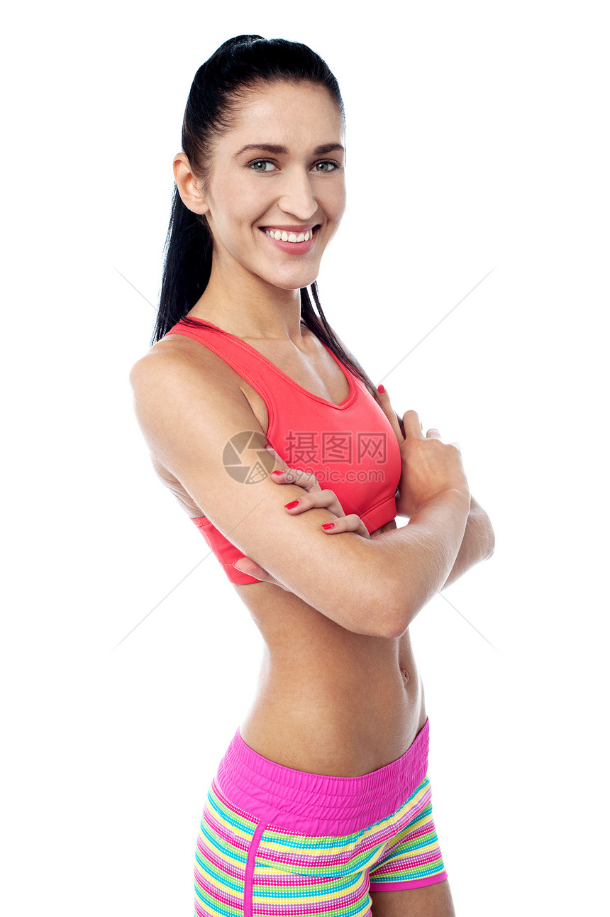 自信 充满自信的年轻微笑健美的女人运动讲师健身房女士腹部饮食培训师精力女性身体图片