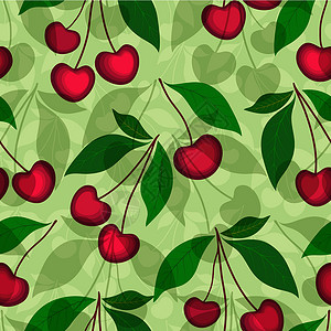 红色的樱桃绿色花卉无缝模式叶子紫色绘画墙纸纺织品红色绿色漩涡卷曲包装设计图片