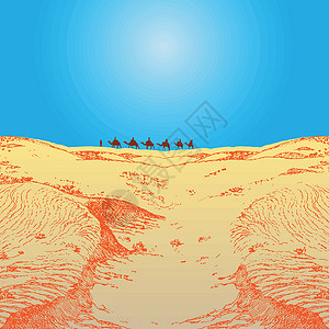 摩洛哥沙漠沙漠中的车队运输游客哺乳动物旅游单峰动物旅行孤独脚趾太阳插画