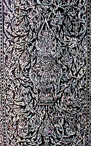 泰语艺术用珍珠制成 在寺门前贝壳场景宗教工艺木头古董文化寺庙手工背景图片