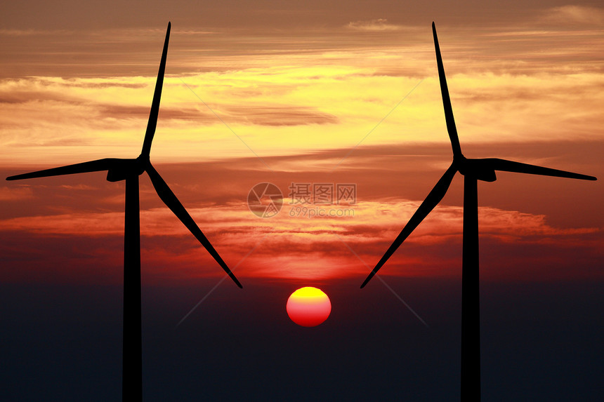 天景活力太阳风车天空发电机地平线能源风力阳光戏剧性图片