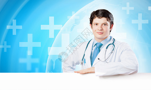 带空白横幅的医生广告病人职业木板临床成人诊所男性学生药品背景图片