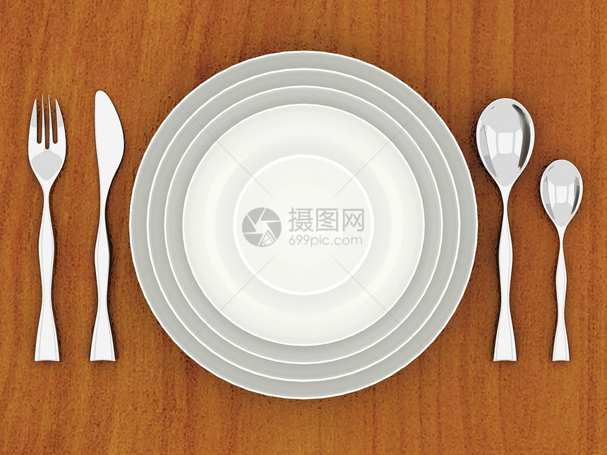 美丽的餐具空白烹饪晚餐勺子盘子刀具桌子餐巾圆圈金属图片