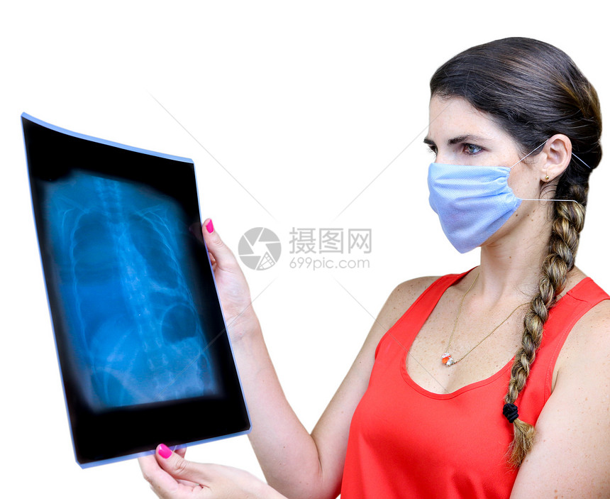 学生观看X光图像面具女士医生专家助手女性药品x射线工作射线图片