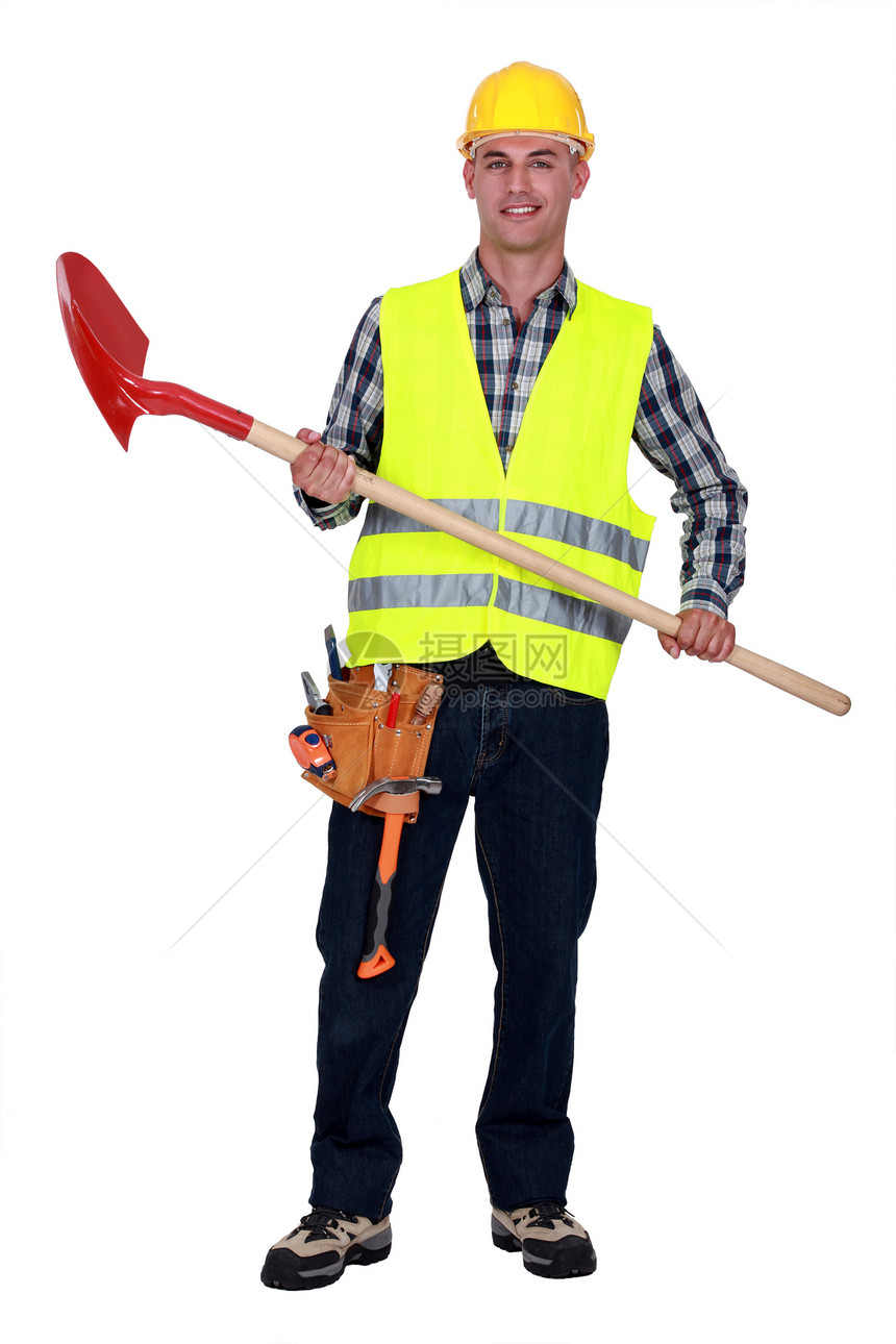 手持铁铲的工匠警告蓝色建设者男人背心交通牛仔裤工作职业伐木工图片