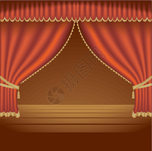 红色剧院幕布电影场景边缘建造折叠木板创造力金子纺织品文化背景图片