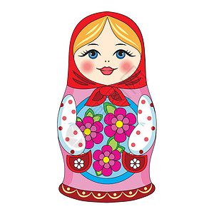 小女孩拿花俄罗斯娃娃生长手工插图套娃友谊展示文化头巾塑像范例设计图片
