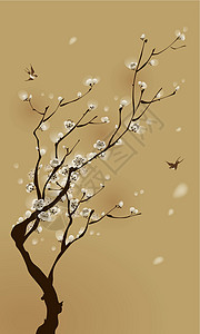 东方风格的绘画 春花花复古花卉梅花文化叶子幸福插图生长图案金子背景图片