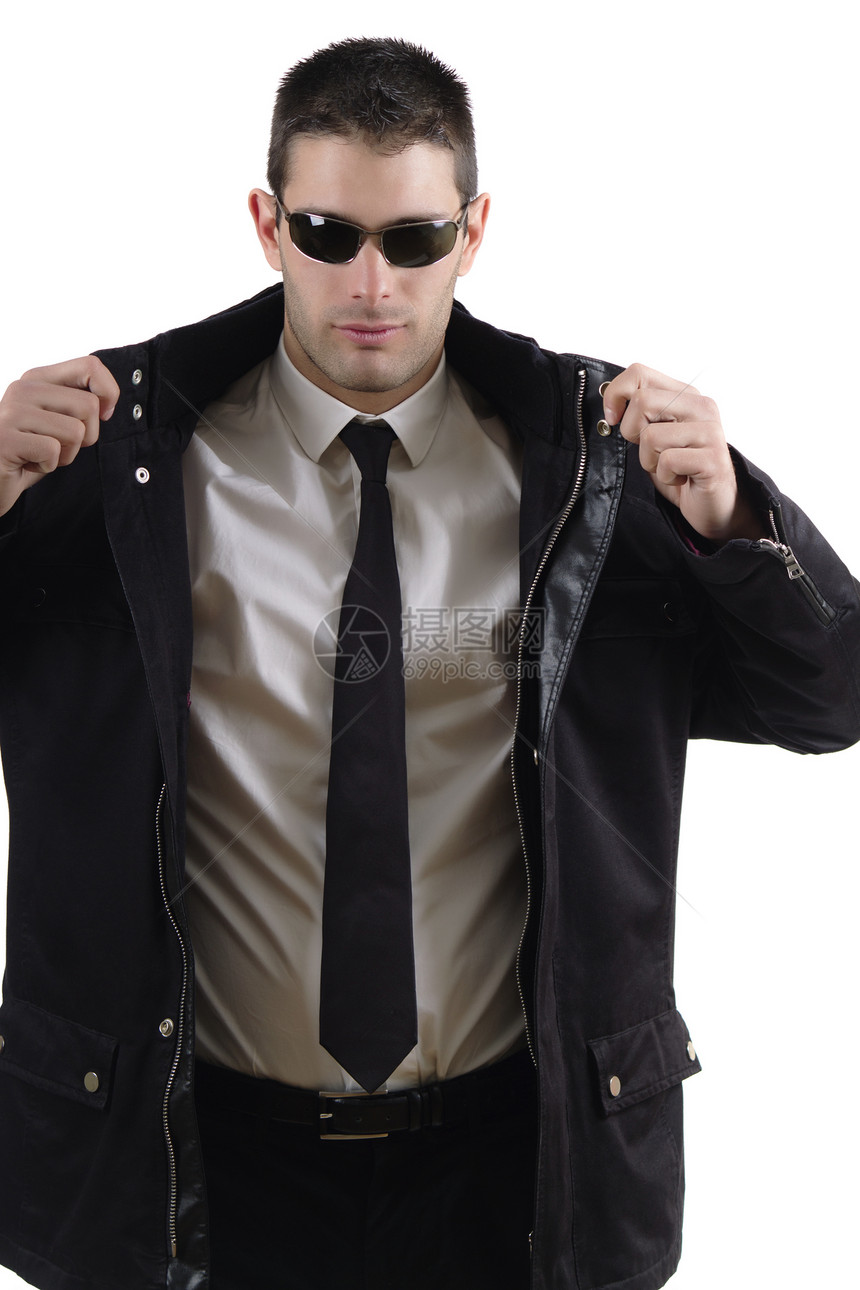 穿黑眼镜外套的西装男套装裤子领带夹克眼镜姿势男性身体白色色调图片