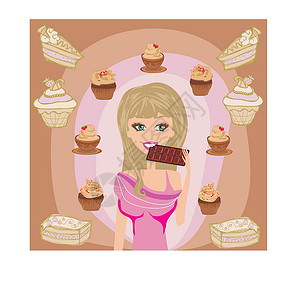 美女掰开肉松饼美丽的金发美女女孩吃巧克力插画