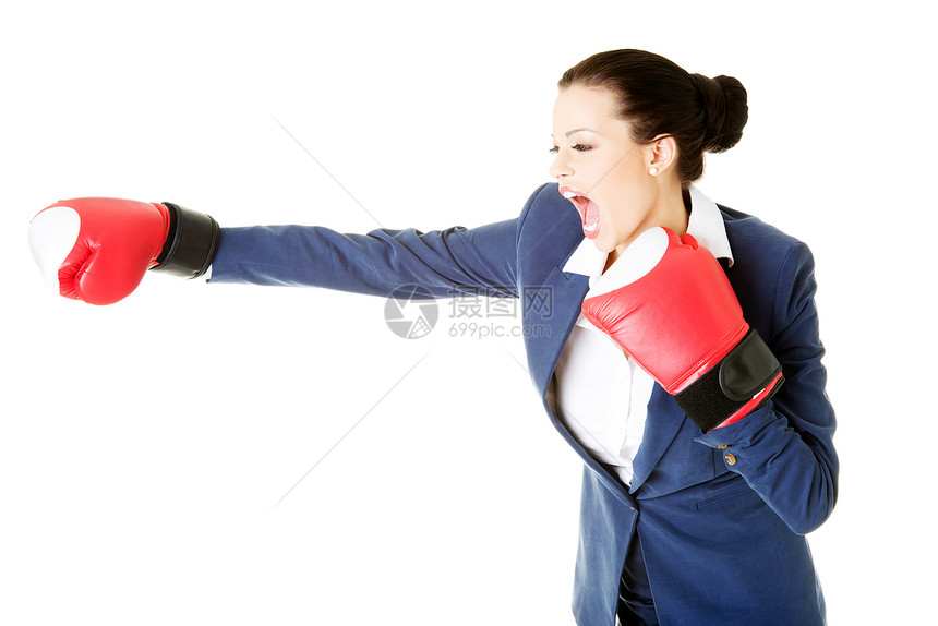 带拳手套的有吸引力的商业女商务人士图片