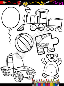 叽叽喳喳卡通玩具标的彩色页面卡通片玩具熊插图教育夹子拼图闲暇漫画气球幼儿园插画