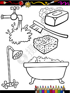 浴室剪贴画卡通卫生物品彩色页面插画