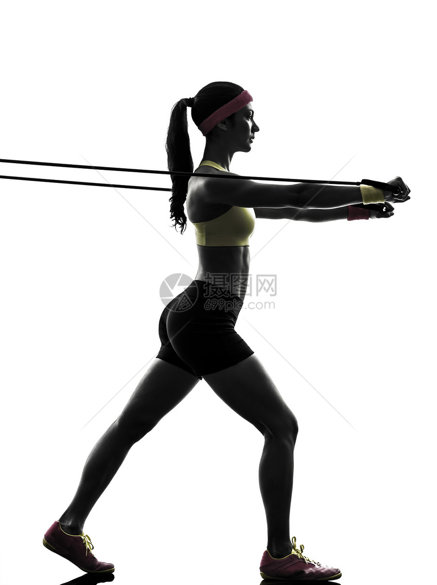 妇女行使健身锻炼运动功能的抗力乐队橡皮筋运动员女士成年人女孩运动装阴影松紧带有氧运动姿势图片