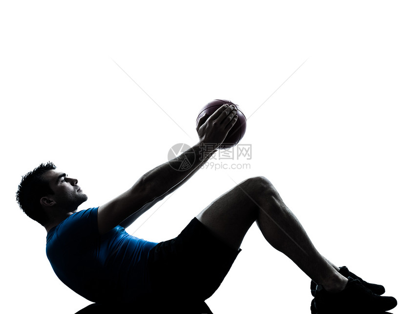 保持健身球姿势的锻炼运动员体操有氧运动男人男性运动训练健美白色仰卧起坐阴影图片