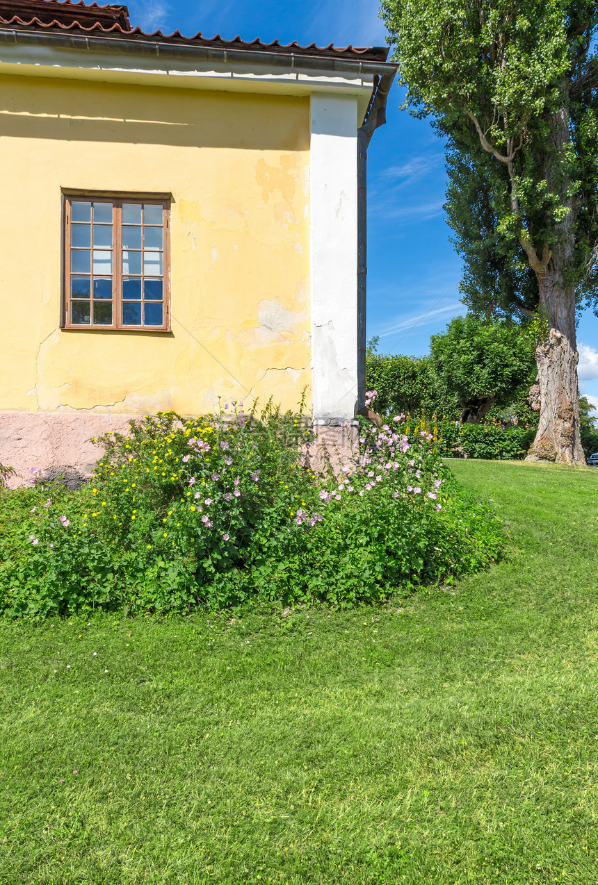古典斯堪的纳维亚人的房子 在绿草坪上图片
