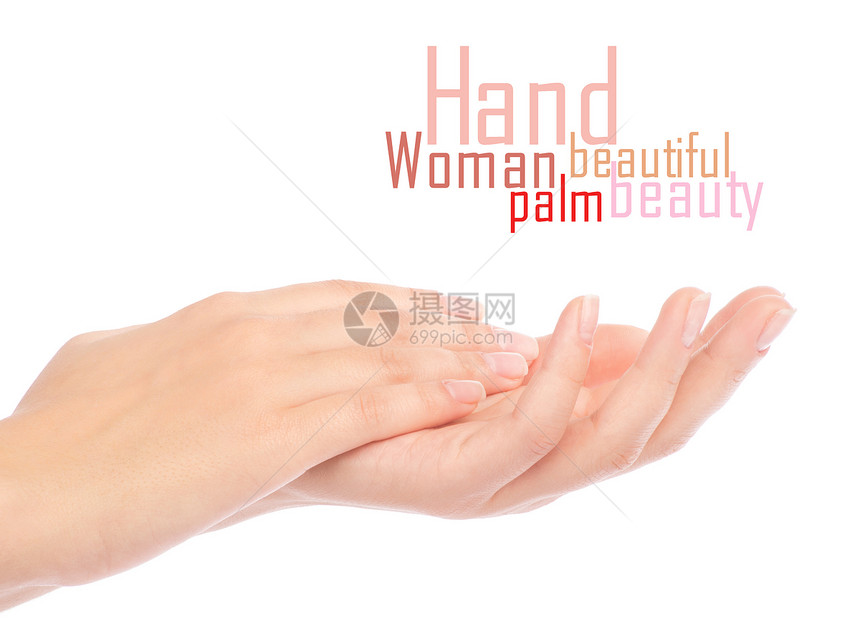 美丽的女性手和法国修指甲皮肤女士身体抛光拇指白色美甲手指优雅温泉图片