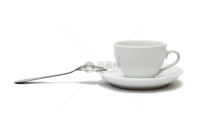 白色杯子 有勺子和碟子 白背景隔离在白背景上金属茶点玻璃阴影香气早餐陶瓷用品咖啡奶油图片