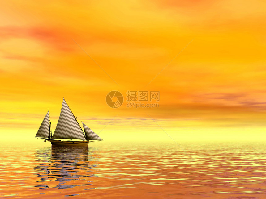 小帆船  3D号冒险自由橙子娱乐插图运输航行旅行日出地平线图片