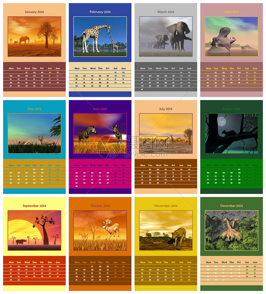 2014年Safari日历办公室英语时间日记日程网格动物数字商业哺乳动物图片