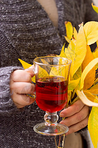 手握茶叶和秋叶的女子木槿树叶季节围巾棕色季节性红色毛衣女士杯子背景图片