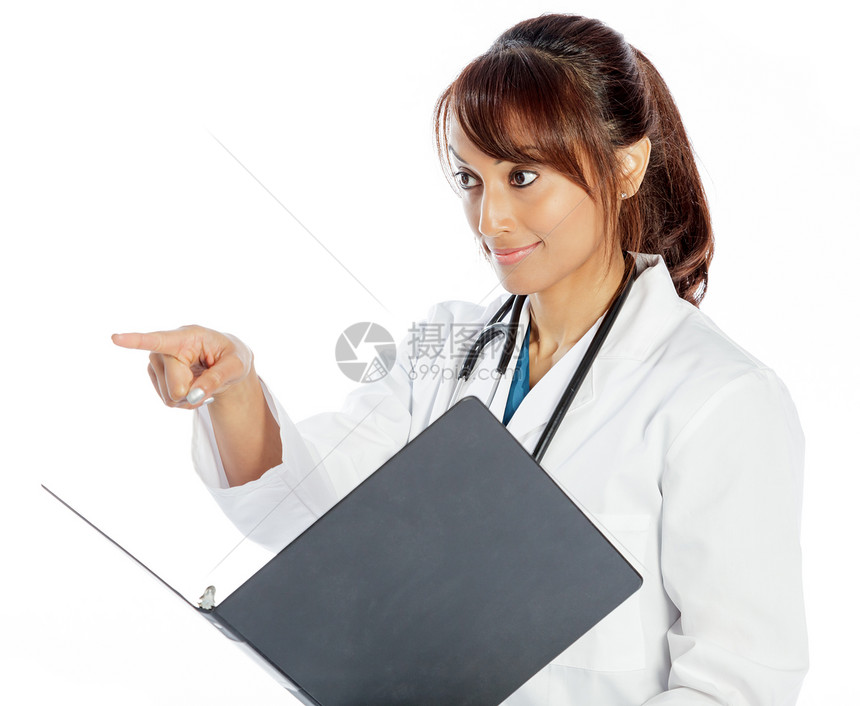 有吸引力的印度妇女孤立在白种背景上文档护士报告职业保健医疗工作蓝色医生医护人员图片