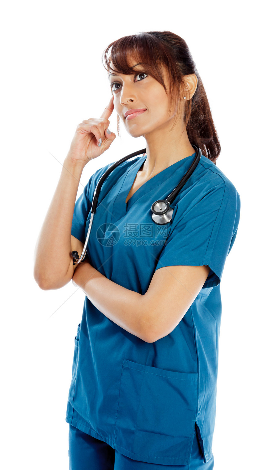 有吸引力的印度妇女孤立在白种背景上医疗长发学生幸福微笑白色医生护士专业蓝色图片