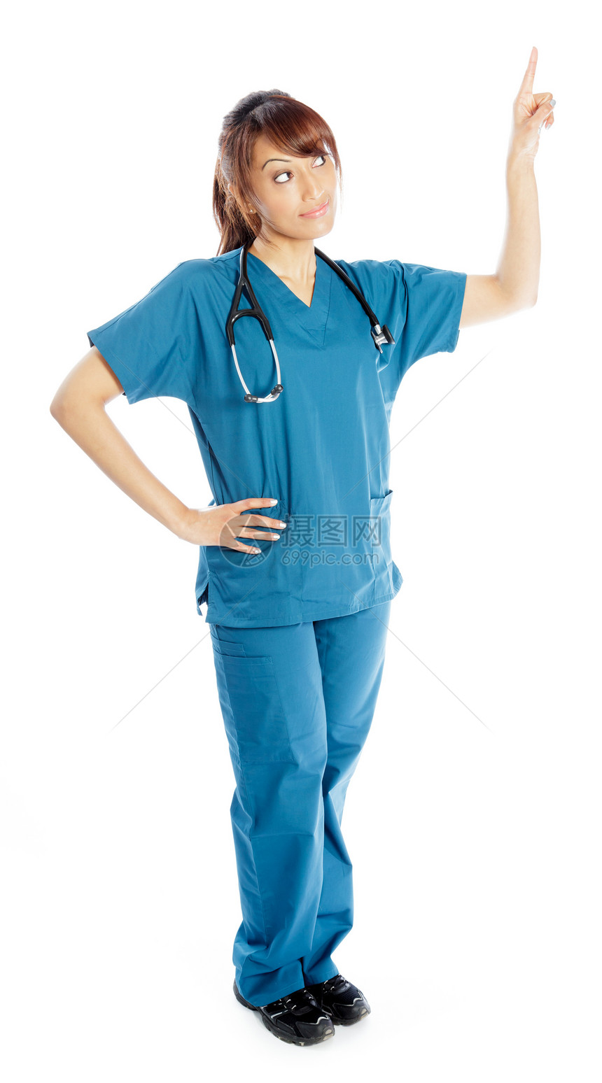 有吸引力的印度妇女孤立在白种背景上医学医护人员医生快乐学生成人保健蓝色女性全科图片