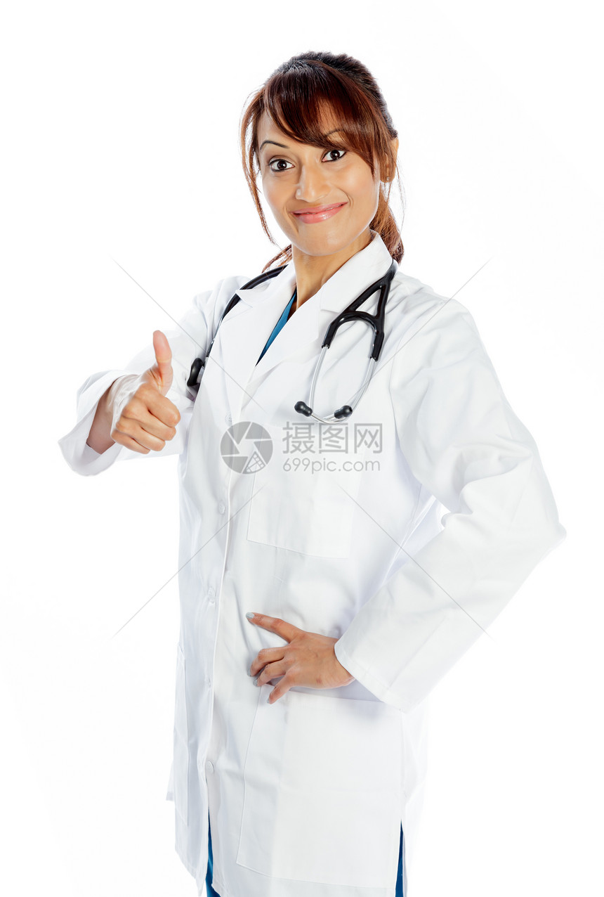 有吸引力的印度妇女孤立在白种背景上医护人员蓝色女性保健工作护士微笑快乐长发医学图片