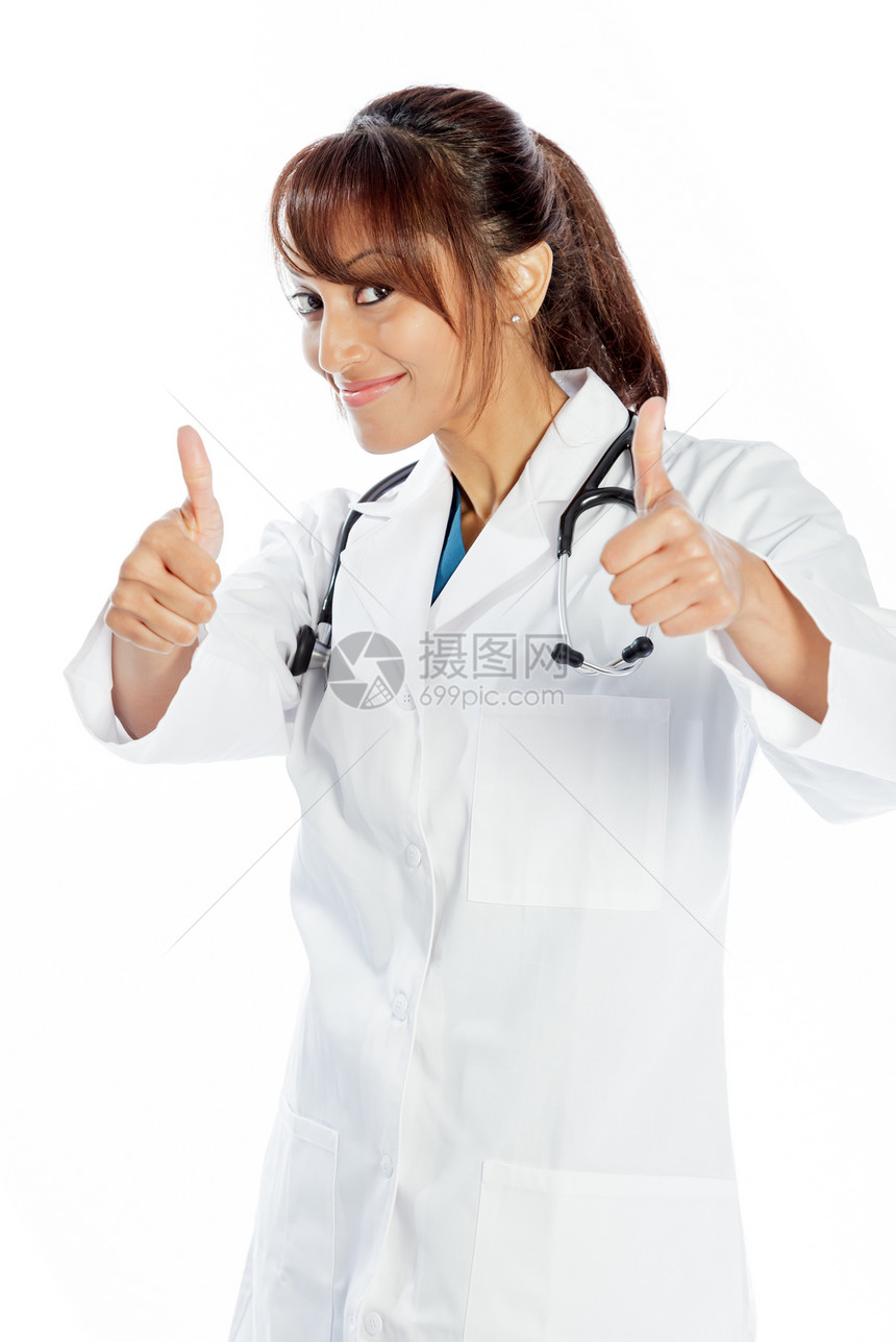 有吸引力的印度妇女孤立在白种背景上医学全科微笑成人医疗蓝色幸福工作保健长发图片