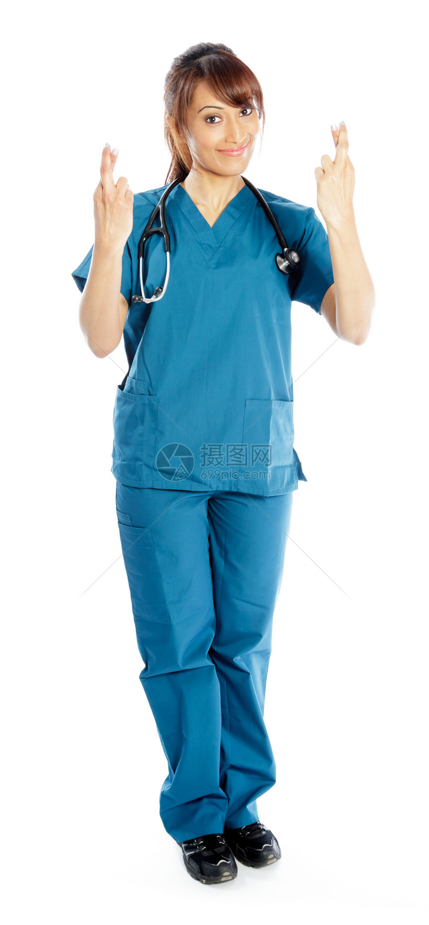 有吸引力的印度妇女孤立在白种背景上快乐长发职业医生微笑手指女性医学护士工作图片
