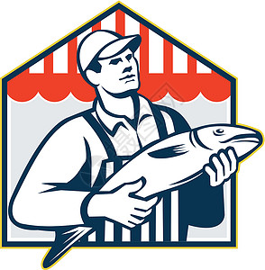 网箱养鱼养鱼渔场零售商艺术品男性男人插图屠夫工人插画