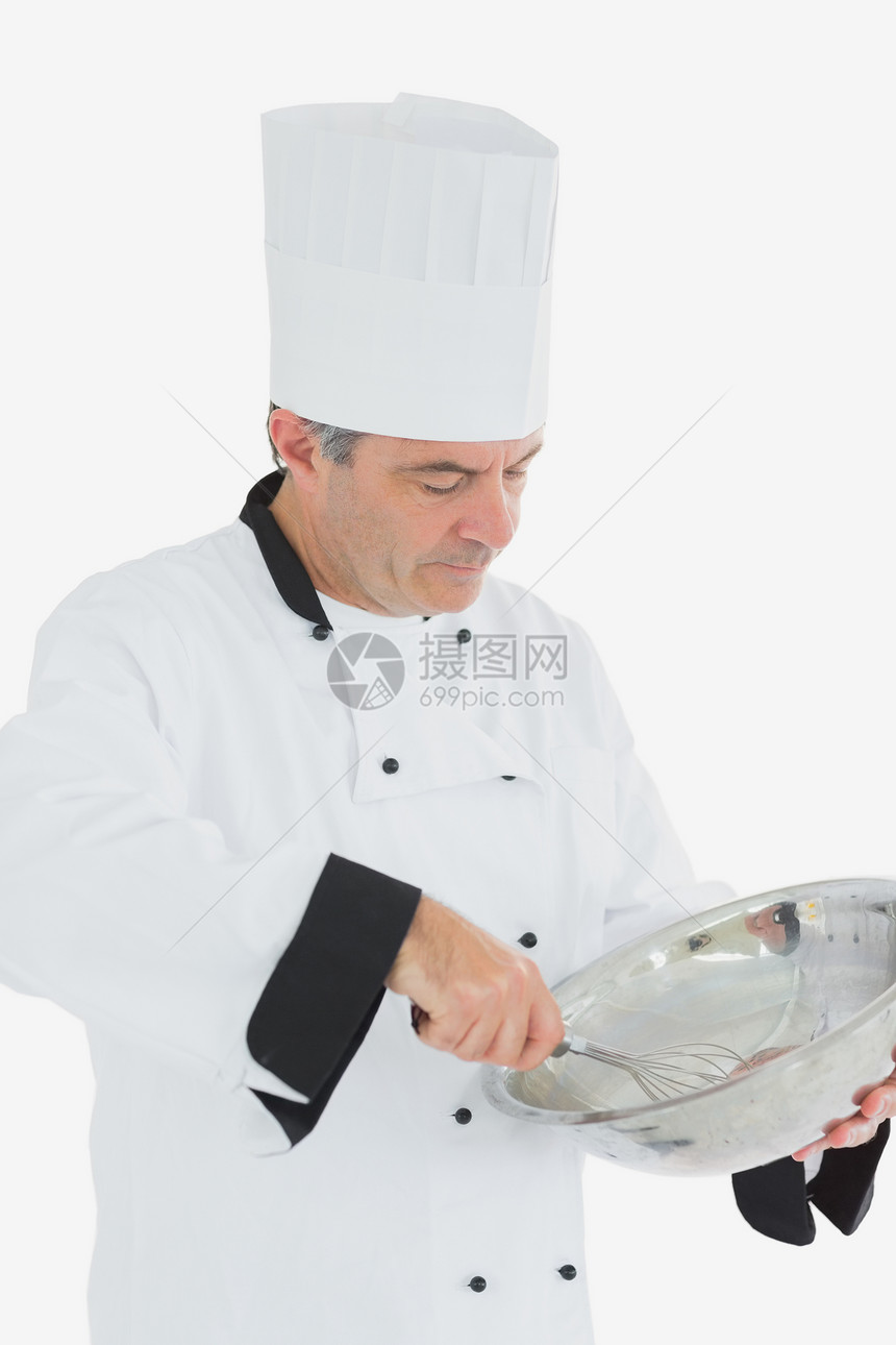 使用大厨胡须和混合碗白人工作厨师职业制服工人男性食物图片