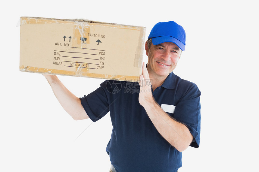 带包裹的  快乐送货员制服幸福工人服务导游职业工作送货男性快递图片