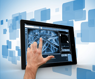 用数字生成的背景手触数码平板电脑的手动效果界面细胞医药药品蓝色触摸屏科学背景图片