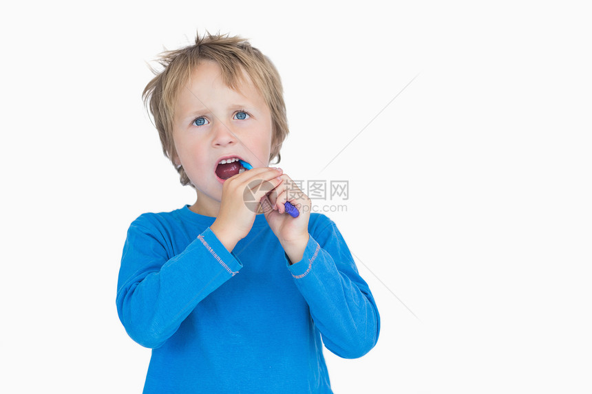 年轻男孩在刷牙金发女郎口腔头发男生健康童年卫生牙齿金发浅色图片