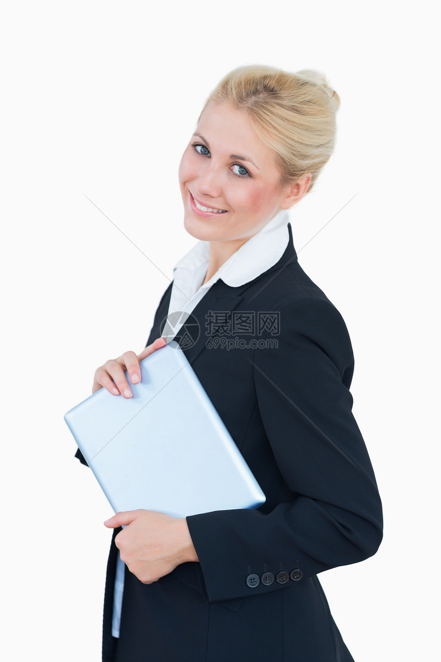 拥有数字平板电脑的商业妇女肖像金发女性触摸屏商务思维女士管理人员公司头发套装图片