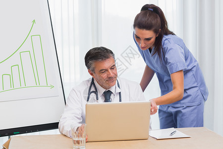 医生在笔记本电脑上给护士看东西合作服务桌子团队讨论保健女士木板卫生男性背景图片