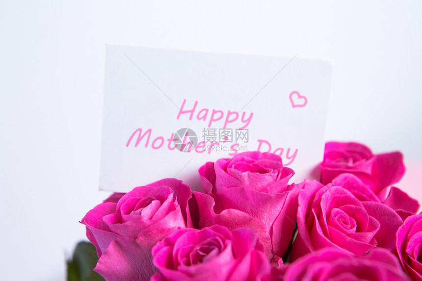 粉红玫瑰花团 有快乐的母亲日卡问候语绘画礼物植物粉色花瓣展示花束卡片图片