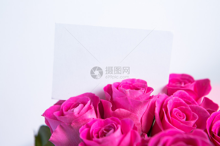 带空白卡的粉红玫瑰花团礼物花束空白卡片植物粉色展示花瓣图片